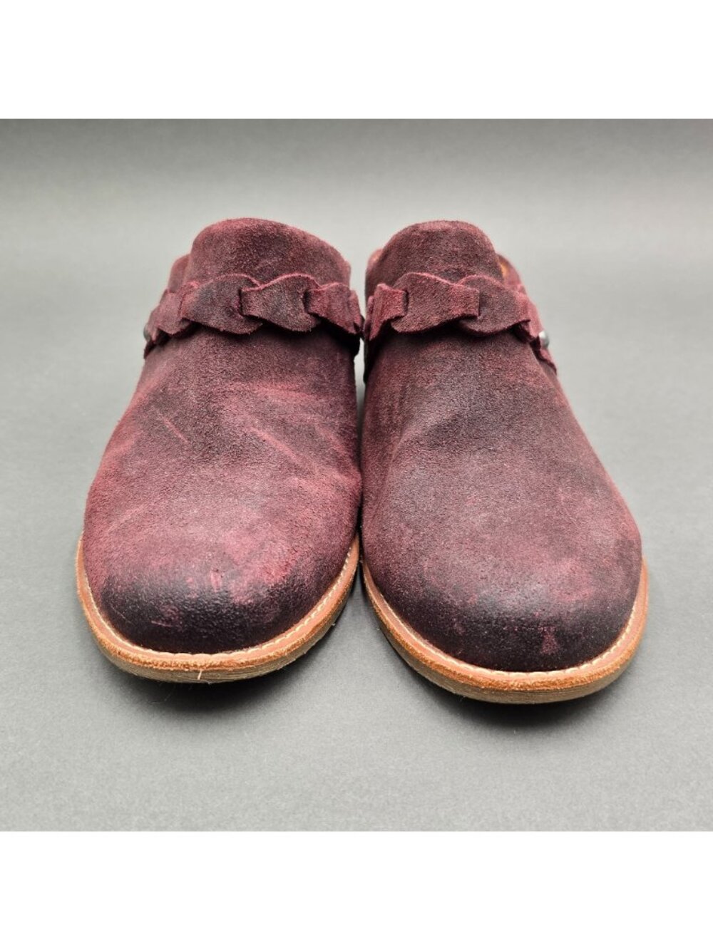 Earth Juliet Burgundy Suede Mules Size 7.5M Braided Strap Block Heel Clogs Shoes - Picture 2 of 9